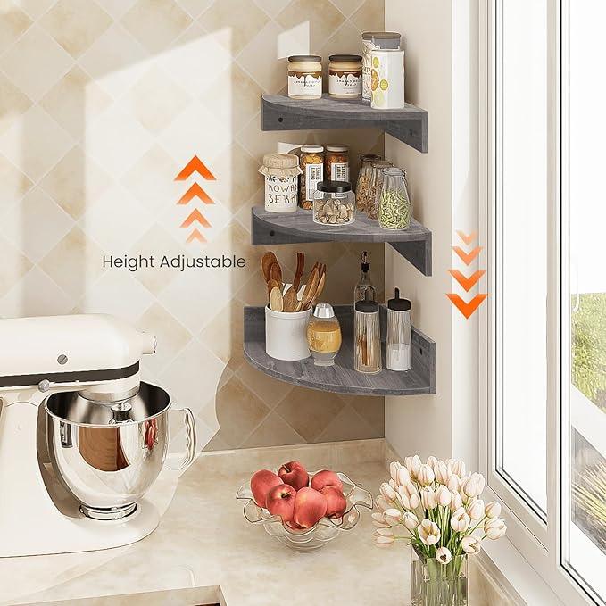 Homode Corner Floating Shelves, Set of 3 Corner Wall Shelves for Storage and Display, 3 Tier Wood Hanging Shelf Organizer for Cable Box, for Bedroom, Bathroom, Kitchen, Rustic Grey