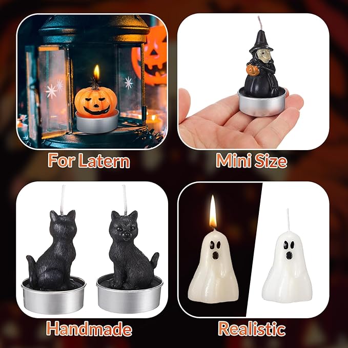 12 PCS Halloween Decoration Ghost Candles Pumpkin Skeleton Cat Witch Cute Mini Candles White Soy Wax Horror Tea Lights Spooky Set for Autumn Halloween Party Home Decorations