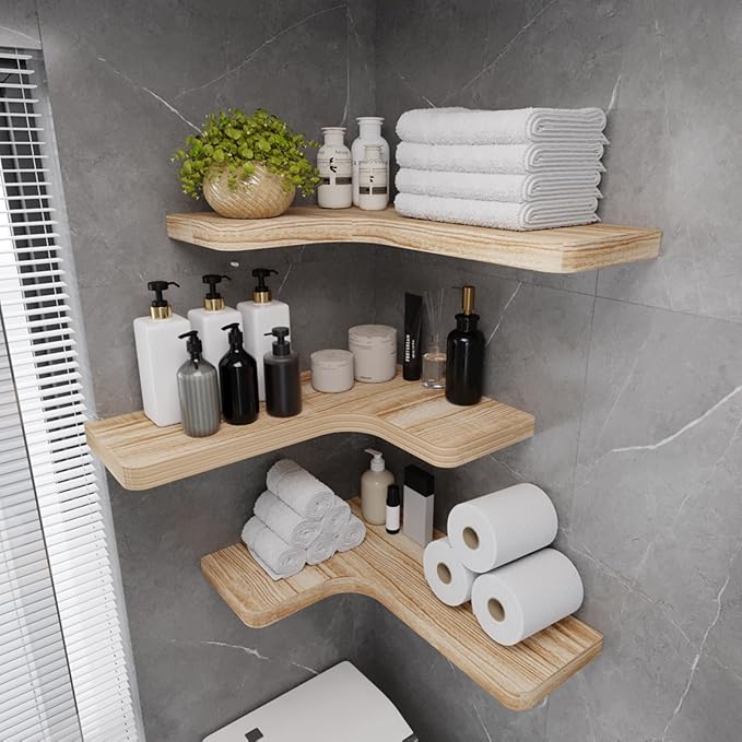 SAUMONIERES Corner Floating Shelves Wall Mount Shelf Solid Wood for Bedroom Bathroom Room Kitchen Storage Set of 3, Rustic Torched, Invisible Brackets