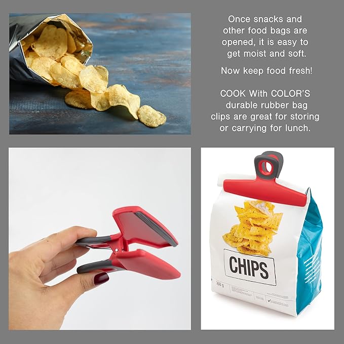 COOK WITH COLOR Wide Heavy Duty Chip Clips - Large Bag Clips for Food Storage with Air Tight Seal Grip, Pack of 8, Red