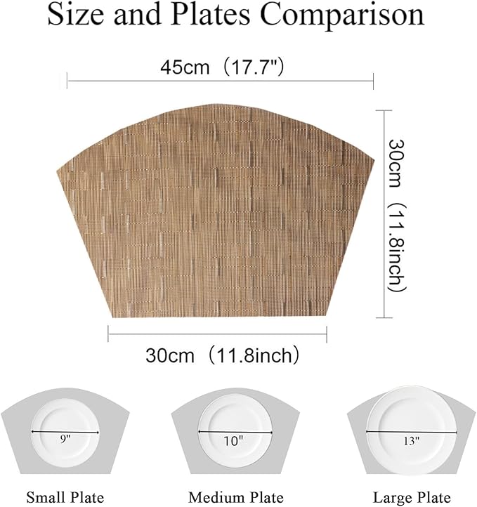 SHACOS Round Table Placemats Wedge Placemats Set of 8 Woven Vinyl Curved Table Mats Washable Indoor Outdoor (8, Tan)