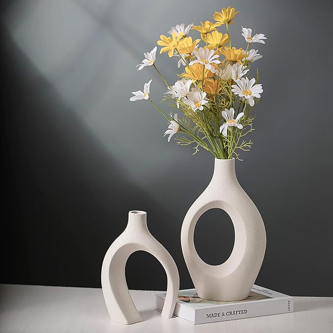XL Beige Ceramic Vase Set of 2 for Modern Home Decor, Eclectic Entryway Modern Boho Hollow Flower Vases for Living Room Bookshelf Dining Coffee Table Centerpiece (W 6.8" X H 11")