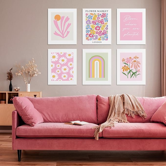 Habseligkeit Pink Danish Pastel Wall Decor for Girls Dorm, Boho Matisse Wall Art Prints, Flower Market Posters for Room Decor Aesthetic Unframed, 11x14in, Set of 6