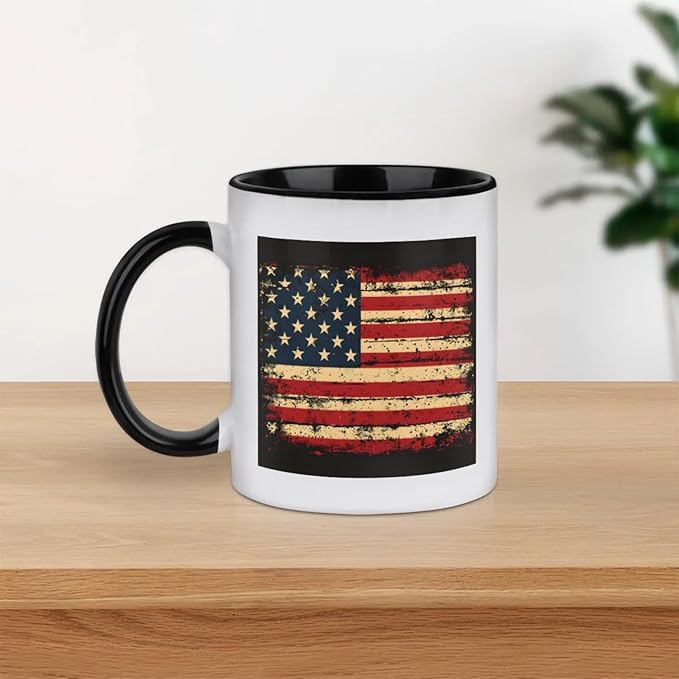 Mugs for Women, Coffee Cups Ceramic Mug, America Flag Vintage Black Tea Cups with Handle for Men, 11.2oz Ceramic Cup for Home Unique Coffee and Tea Mug Aesthetics