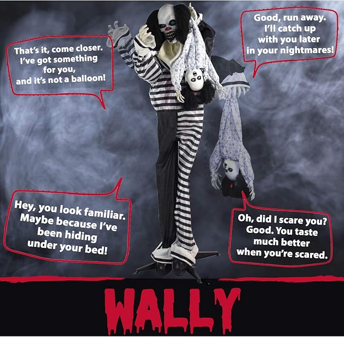Haunted Hill Farm Life-Size Animatronic Scary Talking Clown with Doll, Motion, Touch Activated Lights, and Sounds, Indoor or Covered Outdoor Halloween Decorations, Battery Operated Halloween Props