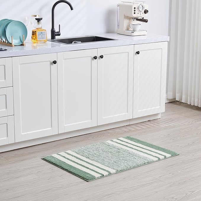 CozeCube Sage Green Striped Bath mats for Bathroom Non Slip, Fluffy Absorbent Microfiber Bath mat Washable, Aesthetic Bathroom Rugs, Large Bath mat for Sink, 36" x 24"