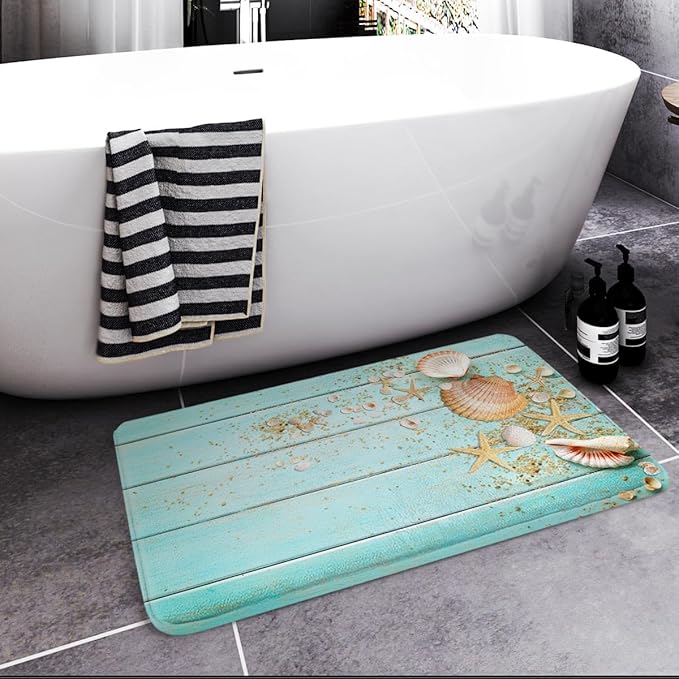 Britimes Bath Mat for Bathroom, Beach Shell Sea Collection Vintage Boho Washable Cover Floor Rug Carpets Floor Mat Bathroom Decorations 20x32 Inches for Kitchen Bedroom