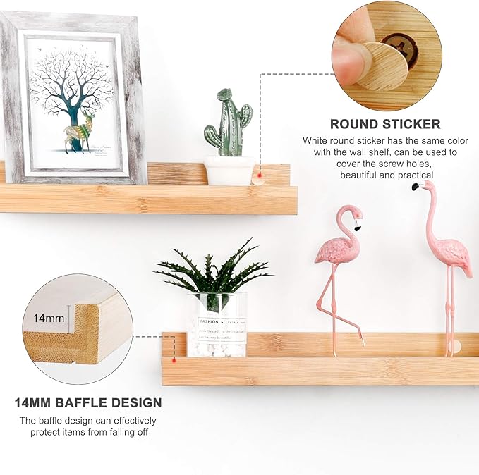 Natural Bamboo Floating Shelves Wall Mounted Rustic Wood Wall Shelves Wooden Wall Storage Organizer Home Decor Living Room Kitchen Bedroom (Natural,13.8 in)
