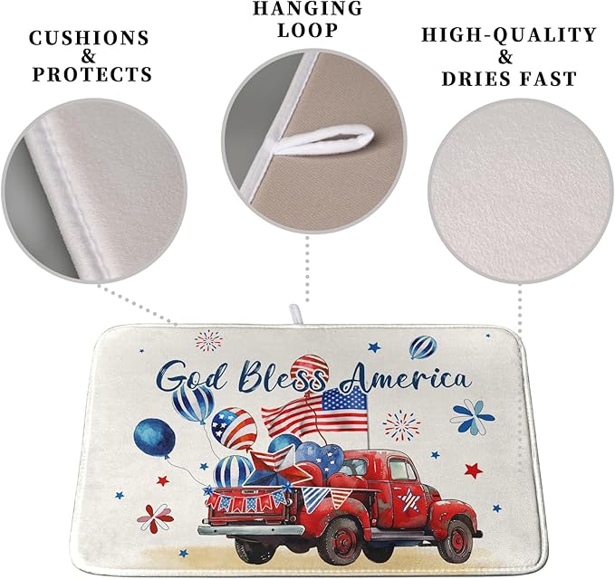 4th of July Drying Mat for Kitchen Counter 16 x 18 US Independence Day Patriotic Truck Dish Drying Mat Polyester American Flag Dish Drainer Mat Super Absorbent Dish Rack Pad for Coffee Bar Sinks