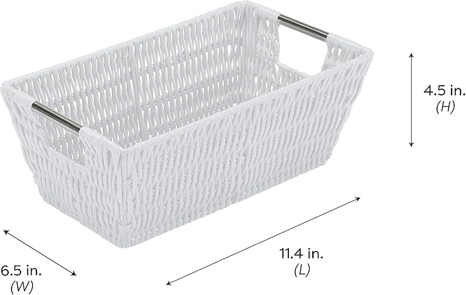 Simplify 11"x6.5"x4.5" Small Shelf Storage Woven Basket with Handles, Nursery, Playroom, Toys, Bedroom, Closet, Clothes, Office, Decorative Rattan Totes, White