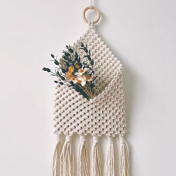 Macrame Mail Organizer Wall Mounted, Handmade Hanging Woven Basket for Boho Home Office Decor, Over the Door Key Letter Envelope File Holder for Entryway Hallway, White