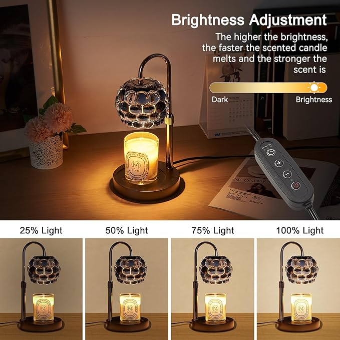 Candle Warmer Lamp with Timer Adjustable - Height Candle Warmer, Dimmer, Vintage Glass Wax Melting Lamps for Home Decor, for Candles in Jars with 2 Bulbs