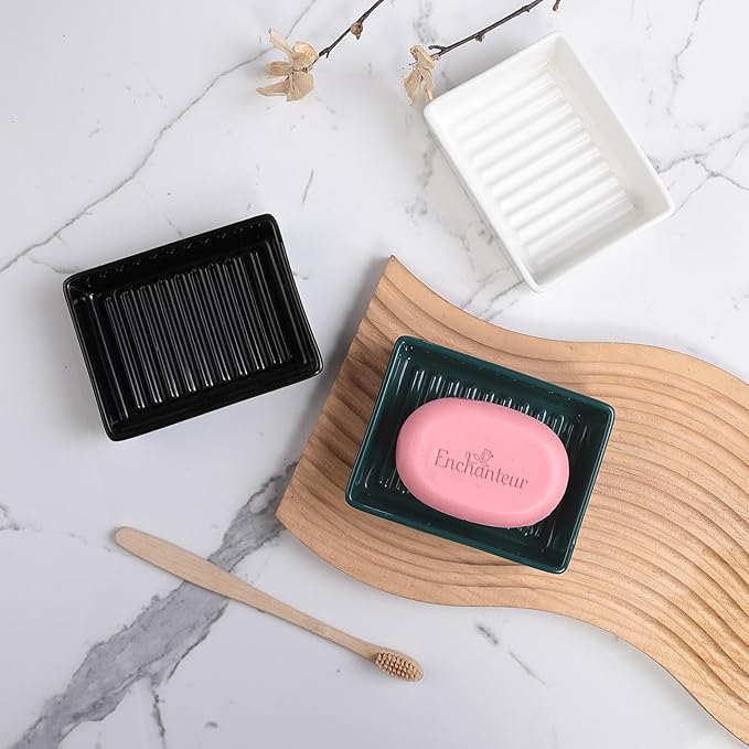 Green Rectangle Ceramic Soap Dish - Modern Hand Soap Holder for Bathroom, Kitchen, Shower, Countertop