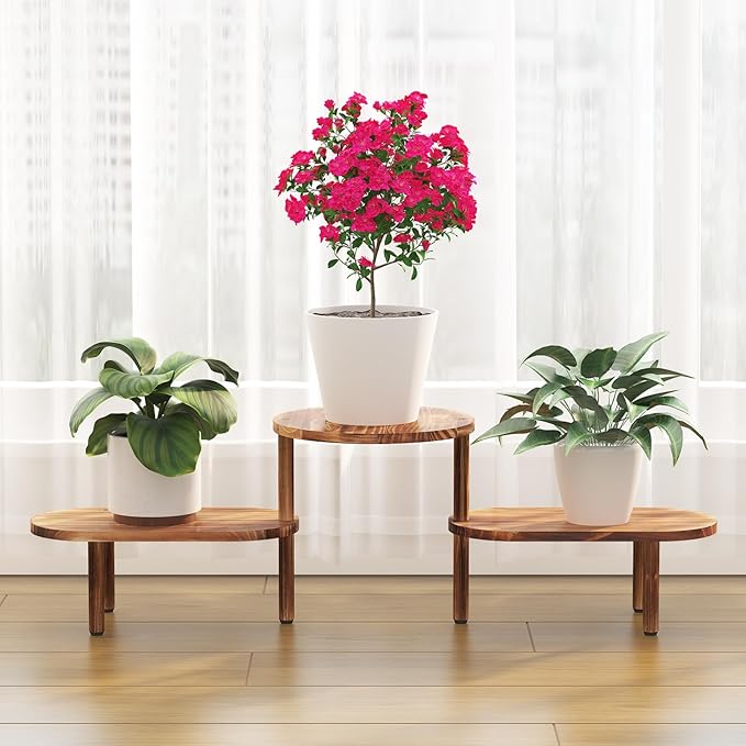 Convex Plant Stand Indoor,3 Tier Wooden Plant Holder Deformable Long Flower Pot Stand Corner Low Plant Shelf for Patio Balcony Living Room Office