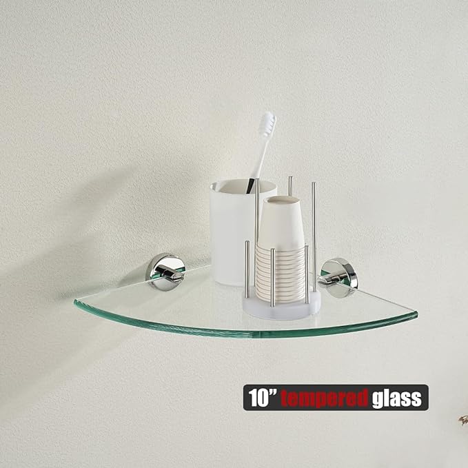 JQK Corner Glass Shelf, Polished Chrome Bathroom 304 Stainless Steel Shower Triangle Floating Wall Shelf, 10 x 10 Tempered Glass, 2 Pack, TGS190L10-CH-P2
