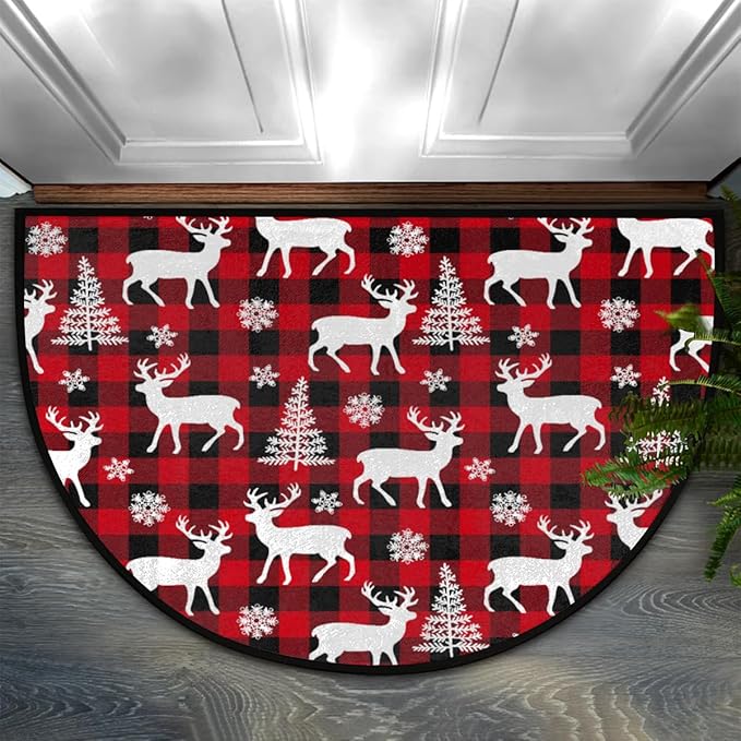 Christmas Half Round Doormat Rug Winter Outdoor Doormat Kitchen Mat for Living Room Fireplace Bedroom Farmhouse Half Moon Christmas Rugs Gifts Animal-Deer