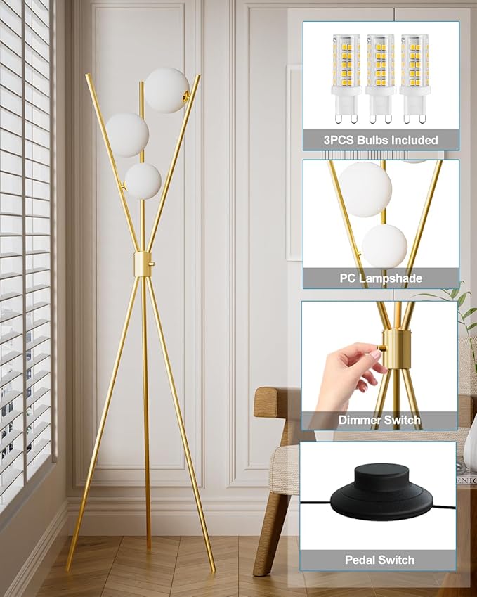 3 Globe Dimmable Tripod Floor Lamp, Mid Century Standing Lamps with 3Pcs 3000K Bulbs Included, Modern Tall Lamp for Living Room Bedroom Office-Gold
