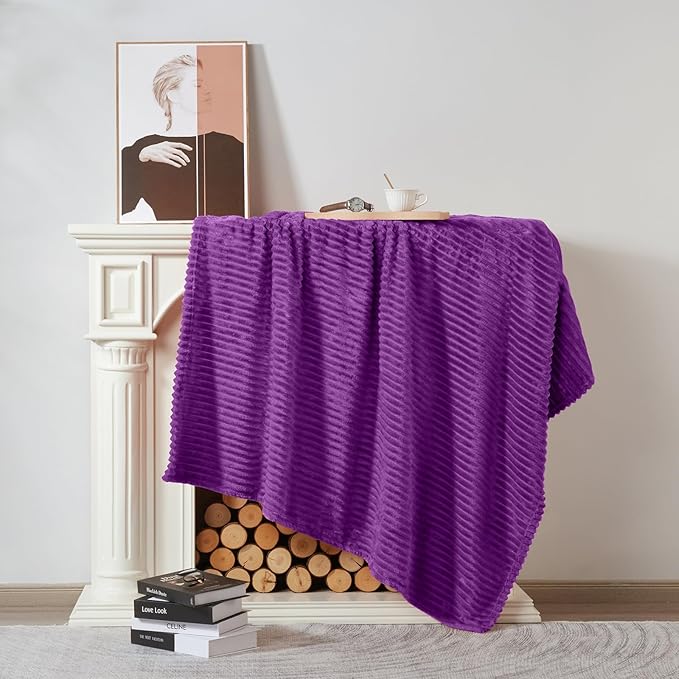 Vessia Flannel Fleece Throw Blanket for Couch,Sofa,Bed, 300GSM Striped Purple Blanket for Adults and Kids, Super Soft Warm Cozy Lightweight Ribbed Throw for All-Season