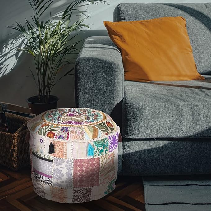 Aakriti Gallery Indian Pouf Footstool Ethnic Embroidered Pouf Cover, Indian Cotton Round Pouffe Ottoman Pouf Cover Pillow Ethnic Decor Art - Cover Only (White, 22x14)