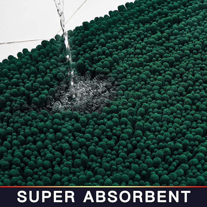 Walensee Bathroom Rug Non Slip Bath Mat (44x24 Inch Hunter Green) Water Absorbent Super Soft Shaggy Chenille Machine Washable Dry Extra Thick Perfect Absorbant Best Large Plush Carpet For Shower Floor