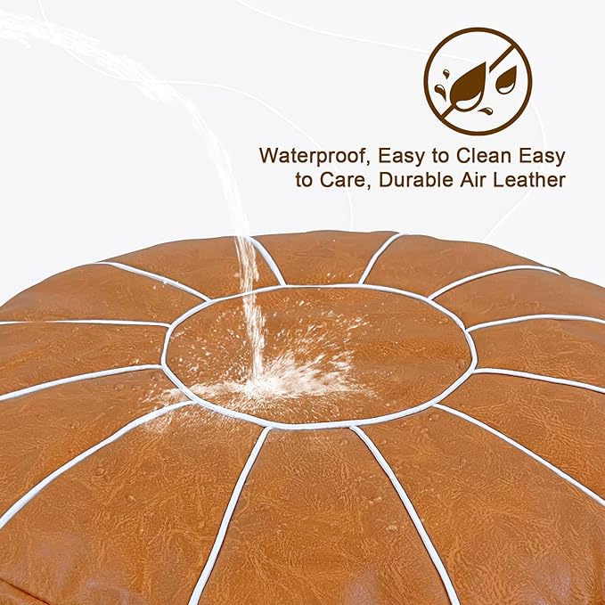 Louis Donné Pouf Ottoman Cover, Handmade Faux PU Leather Moroccan Style, Unstuffed Pouffe Ottomans, 20.8" Round, Foot Rest for Living Room, Floor Small Bean Bag Chair Gifts for Kids (Orange)