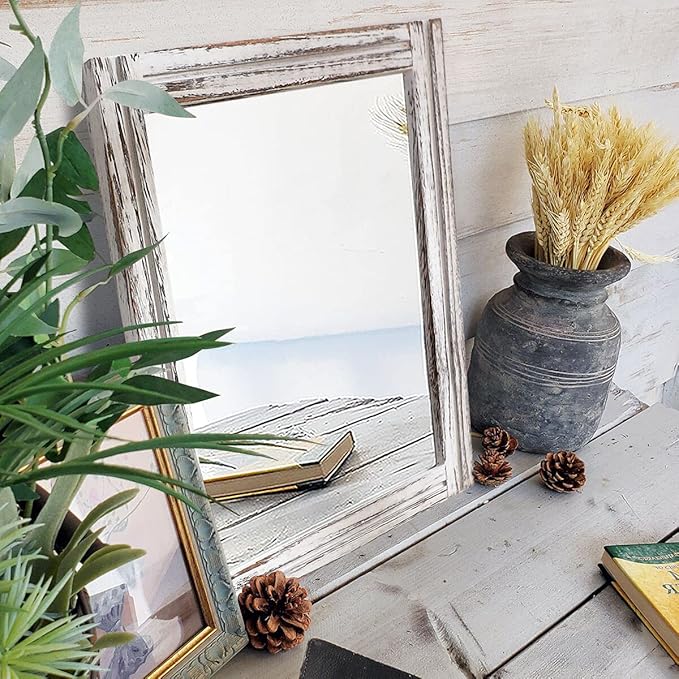 AAZZKANG Rustic Wall Mirror Rectangle Wood Framed Mirrors Large 20"x16" Decorative for Bedroom Bathroom Living Room Farmhouse Home Entryway Hanging White