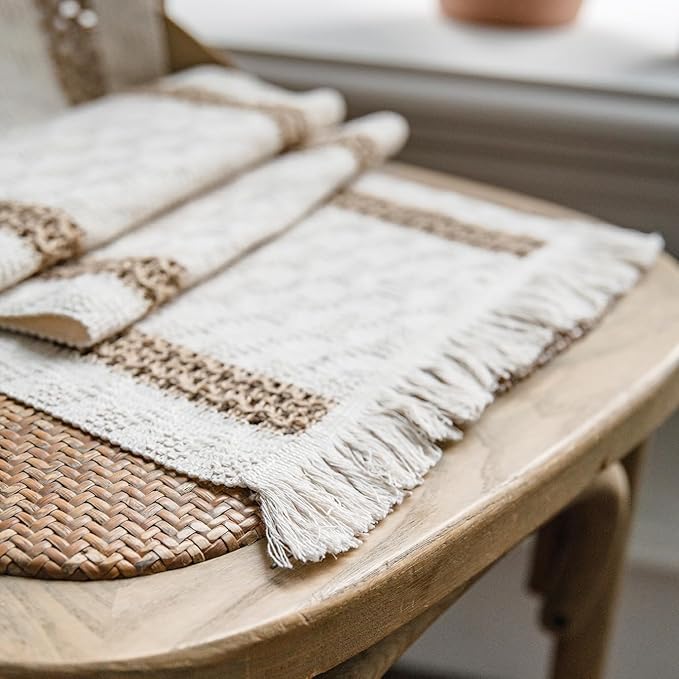 Boho Placemats Set of 4, Splicing Woven Placemat 12 x 19 Inches, Burlap Rustic Place Mat, Kitchen Table Heat-Resistant Table Mats