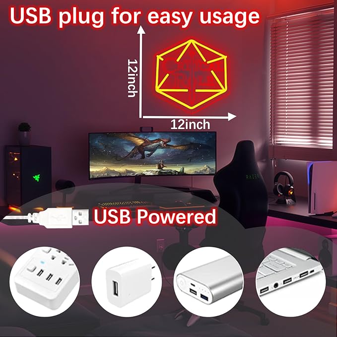 DND Neon Signs for Wall Decor,Dimmable Dungeons and Dragons LED Game Signs,USB Powered Neon Lights for Man Cave, Game Room Decor, Best Gifts for Critical Role Gamer Fans