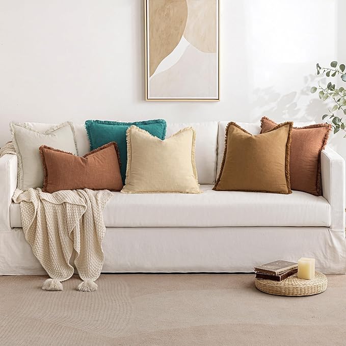 MIULEE Decorative Throw Pillow Covers Neutral Linen Fringe Throw Pillows Set of 2 Teal Boho Farmhouse Cushion Covers with Tassels for Couch Sofa Bed Living Room Spring Home Decor 20x20 Inch