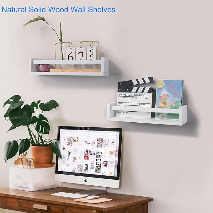 Nursery Book Shelves | Set of 2 Wood Floating Shelves for Kids Room, Kitchen Spice Rack, or Rustic Wall Mounted | Farmhouse Bathroom Décor (Rustic White)
