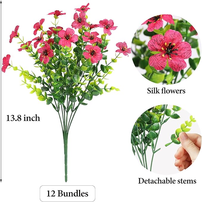 Artificial Flowers Outdoor Faux Plants UV Resistant 12 Bundles Fake Patio Flowers Plastic Greenery Plnats Outside Bulk for Spring Garden Hanging Planter Home Vase Decor, Rose Red