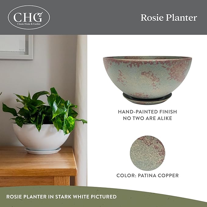 Classic Home and Garden Rosie Modern Planter w/Drainage - Contemporary Planter Bowls - Shallow Round Vases for Small Plants - Versatile Indoor & Outdoor Pots (10” Patina Copper)