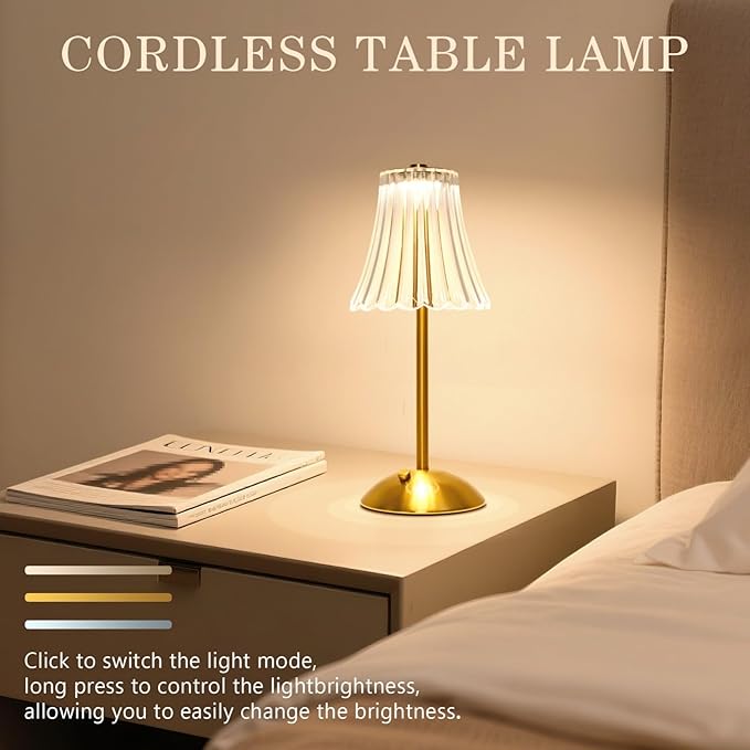 Cordless LED Touch Lamp with Crystal Acrylic Shade, USB Rechargeable, 3-Color Temperature, Dimmable Table Light, Portable Modern Industrial Style Lighting for Bedroom, Office, Patio & Gift Use