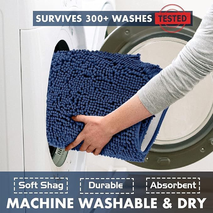 LuxUrux Bathroom Rugs Sets 2 Piece - Plush Bath Mat Set Quick-Dry Soft Chenille Bathroom Mat with Rubber Backing, Absorbant Bathroom Rug Set, Washable.(17 x 24, Blue)