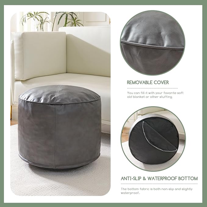 HIGOGOGO Round Stuffed Pouf Ottoman, Pu Leather Poufs with Foam Chunk Filling, Furry and Fluffy Pouf Foot Stool Storage Ottoman, 26 X 18 Floor Poufs Foot Rest for Living Room, Grey
