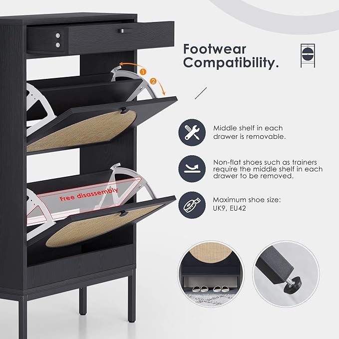 Yechen Shoe Rack Storage Organizer with 2 Natural Semi-Circular Rattan Doors, Entryway Wooden Shoe Cabinet for Sneakers, Leather Shoes,Heels (2 Piece, Black)