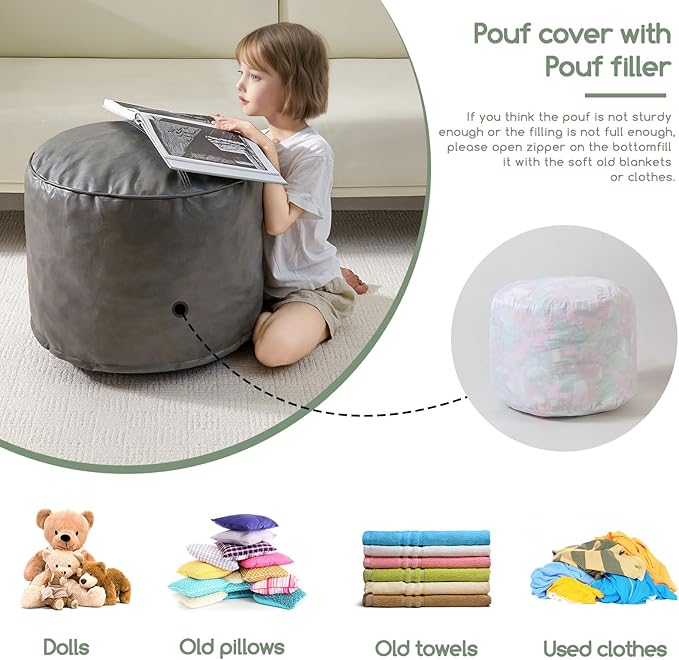 HIGOGOGO Round Stuffed Pouf Ottoman, Pu Leather Poufs with Foam Chunk Filling, Furry and Fluffy Pouf Foot Stool Storage Ottoman, 26 X 18 Floor Poufs Foot Rest for Living Room, Grey