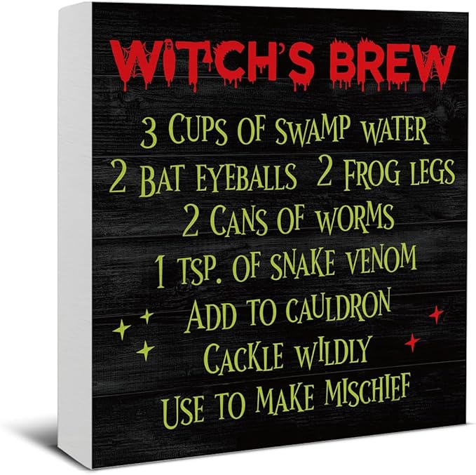 Halloween Witch's Brew Wooden Sign Decor - Kitchen Desk Block Sign for Home Table Shelf - 5 x 5 Inch
