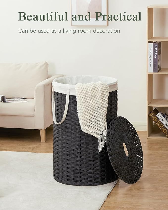 Large Laundry Hamper Laundry Basket Round 34.3 Gal (130 L) Handwoven Wicker Laundry Baskets Rattan Laundry Basket with Laundry Bag Handles 2 Mesh Bags for Living Room Bedroom Black