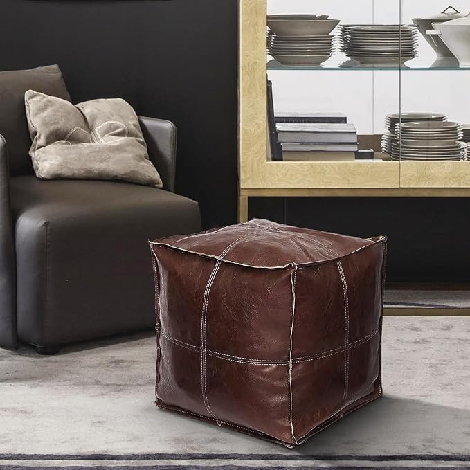 Unstuffed Pouf Ottoman Cover, Handmade Faux PU Leather Moroccan Pouffe Ottomans, Coffee 17.7" Cube Ottoman Foot Rest for Living Room, Floor Chair for Christmas Decorations Gift, ONLY COVER