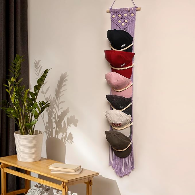 Ball Cap Hanger-1 Pack-Boho Macrame Cap Holder Wall Hat Organizer for Baseball Cap Holder Over Door, Hat Rack for Wall, Cap Rack for Decoration and Display(purple)