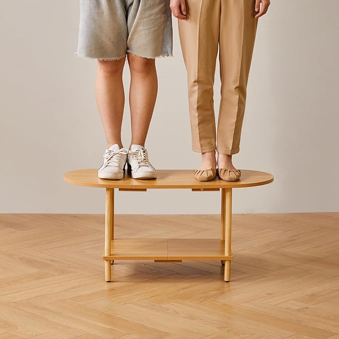 Wooden Tea Table Splicing Design, 2 Tier Coffee Table for Living Room, 35x16x17inch TV Table Stand with Storage Shelf Natural Wood Color YD-011N