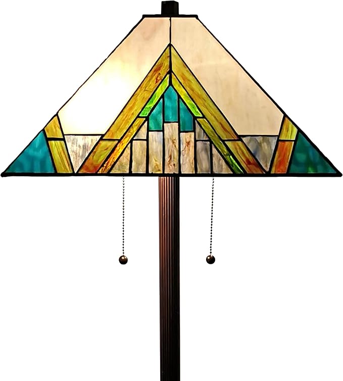 Tiffany Style Mission Standing Floor Lamp 62" Tall Stained Glass Yellow Green Brown Tan Antique Vintage Light Decor Bedroom Living Room Reading Gift Amora Lighting AM353FL17