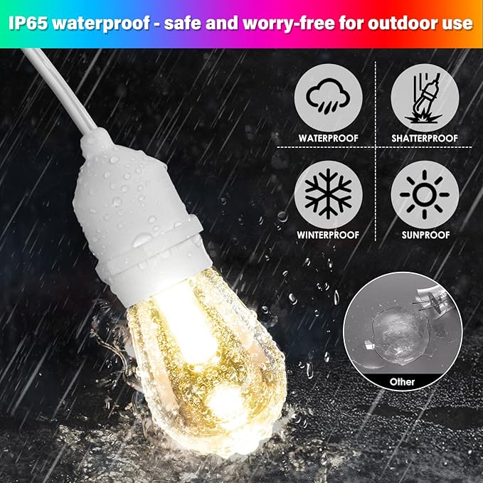 Mlambert 48FT Outdoor Patio Lights, 6 Lighting Modes RGB Cafe String Lights with 15 Dimmable LED Shatterproof Bulbs for Deck Porch Gazebo-White 1 Pack