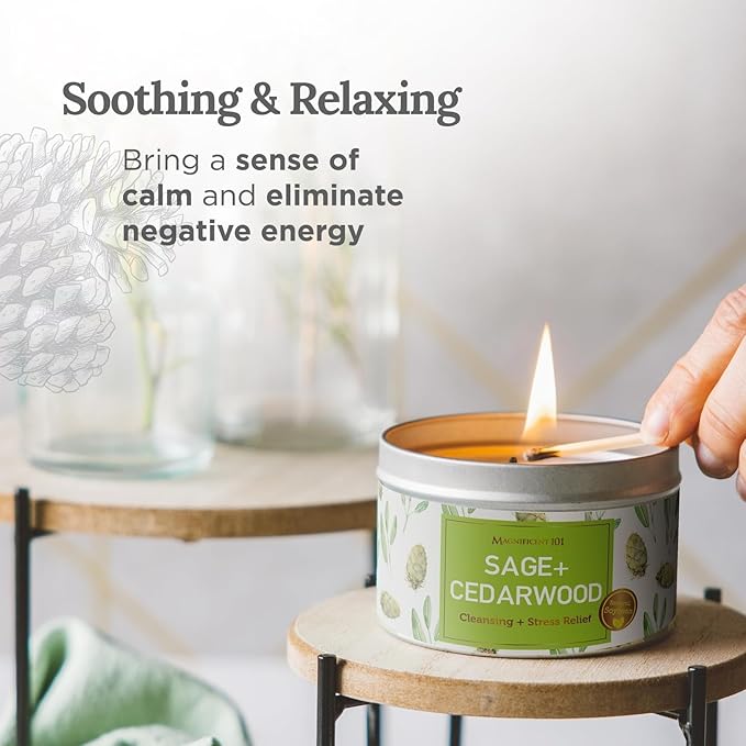 Magnificent 101 SAGE + Cedarwood Aromatherapy Candle for House Energy Cleansing and Stress Relief, Banishes Negative Energy I Purification and Chakra Healing - Natural Soy Wax Tin Candle - 6oz