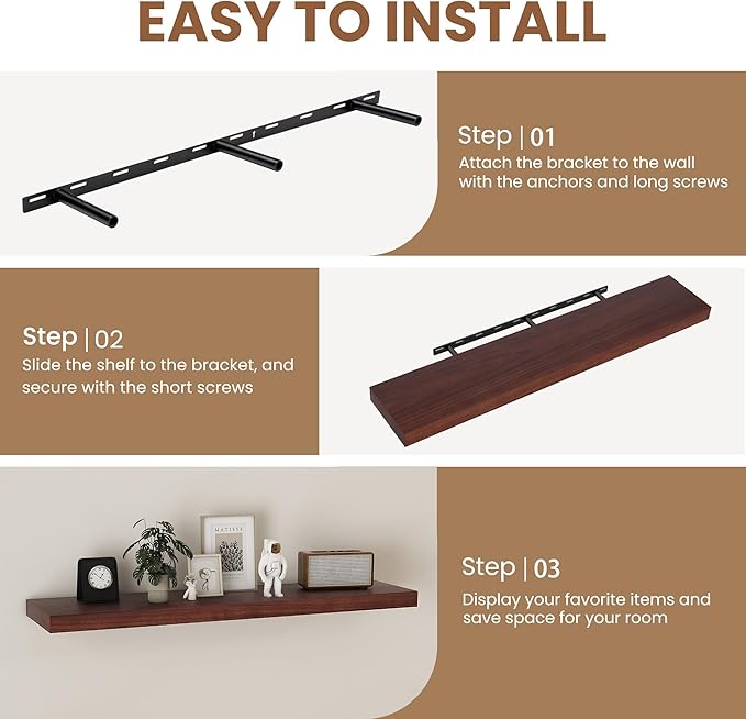 Fun Memories Rustic Real Wood Floating Shelves, 8 Inch Deep Floating Shelf Wall Mounted, 48" W x 8" D Wall Shelves Storage Shelves for Living Room, Bedroom, Bathroom, Walnut Finish, Set of 1
