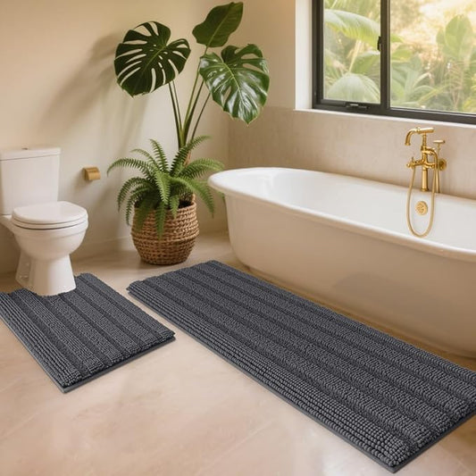 Striped Grey Toilet Bathroom Rug Mat Bath Mat Set 2 piece Ultra Soft, Non Slip Chenille Bath Rugs, Absorbent Plush Shaggy Bath Mats for Bathroom, Bedroom, Kitchen, Shower, Tub,Dark Gray, Charcoal
