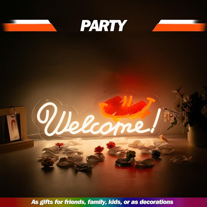 Goneons Welcome Neon Sign for Wall Decor, Dimmable & USB Powered Warm White Welcome with Smile LED Neon Light Sign for Business Open Windows Home Shop Bar Restaurant Pub Cafe Salon Party Decor