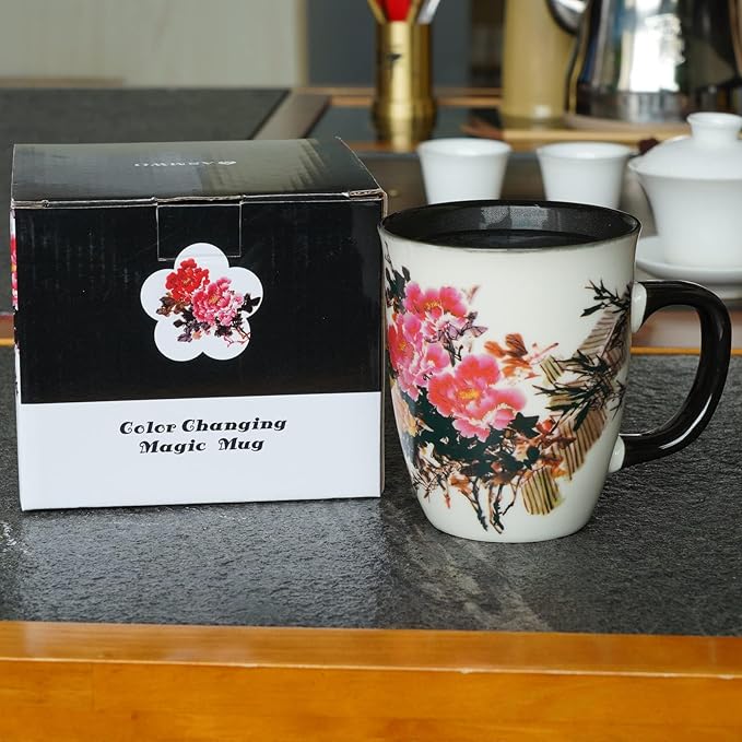 Heat Changing Magic Porcelain Coffee Mug for Mom Gifts Funny Tea Mug 16 oz Black Change into Multi Color Peony Painting