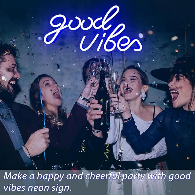 Good Vibes Neon Sign, LED Neon Signs for Wall Decor, Blue Neon Lights for Bedroom & Party Art Decor, USB Powered Bright Neon Light for Lover, Friends